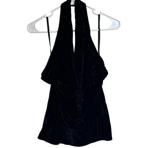 Express Womens Size L Black Crushed Velvet Halter Top Open Back V-Neck